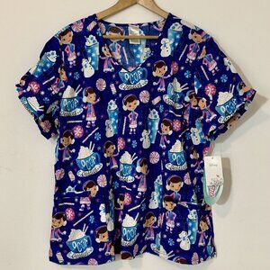DISNEY Scrubs Tooniforms Prints V-Neck Top In Cocoa Cuddles Glitter Size 3XL NWT